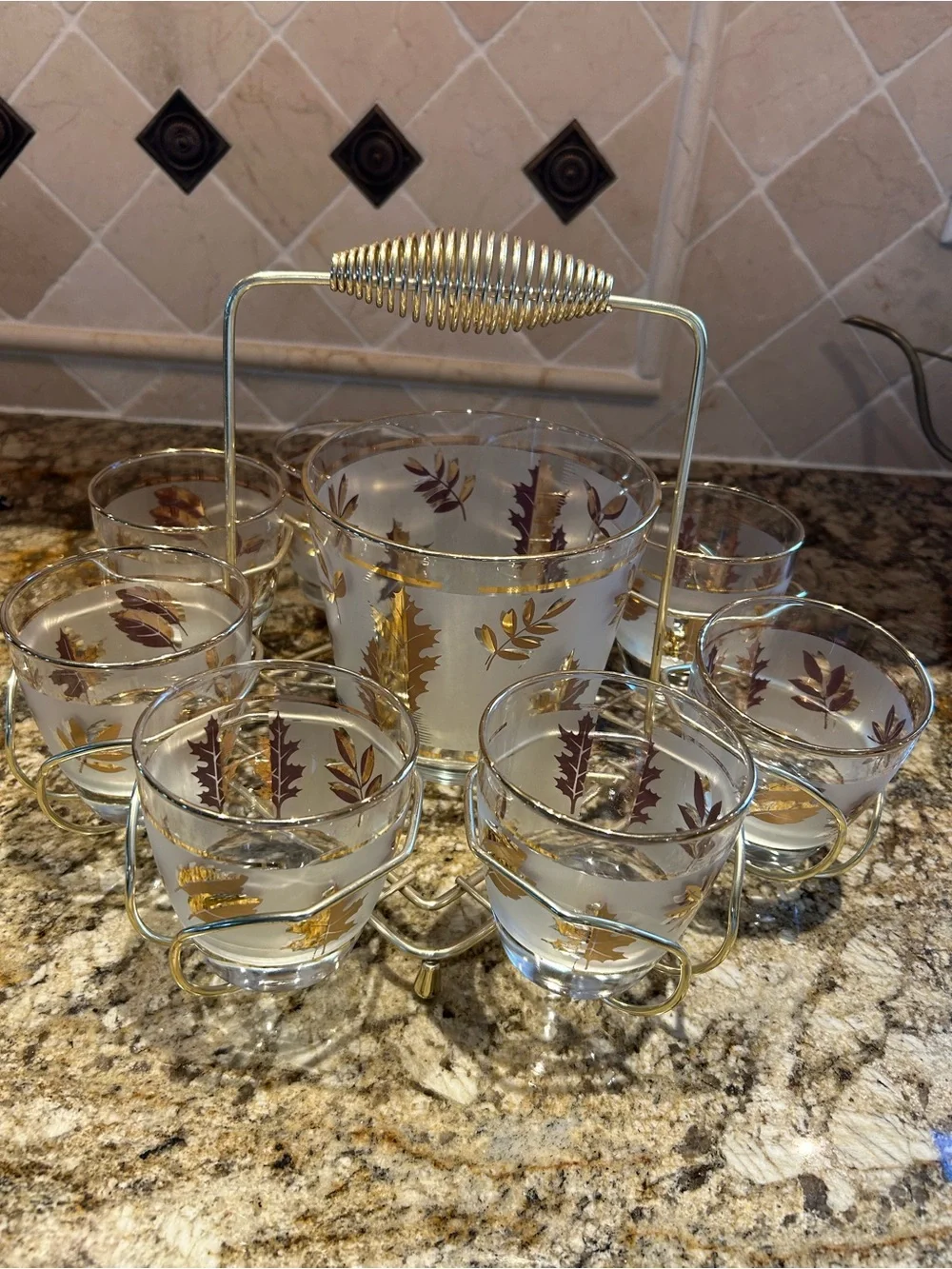 Vintage MCM Libbey Golden Foliage Set with 8 Glasses with Caddy & Ice Bucket.